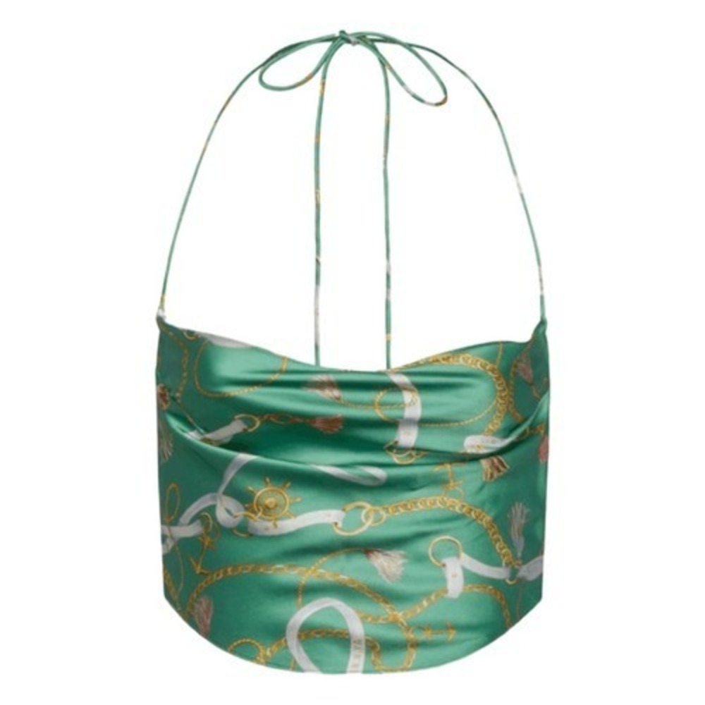 SER.O.YA Ellison Nautical Print Silk Crop Top Green Halter Cowl Neck Sleeveless - Picture 6 of 8